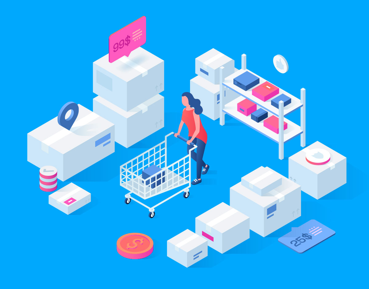 A graphic depicting a woman shopping that signifies marketing identity