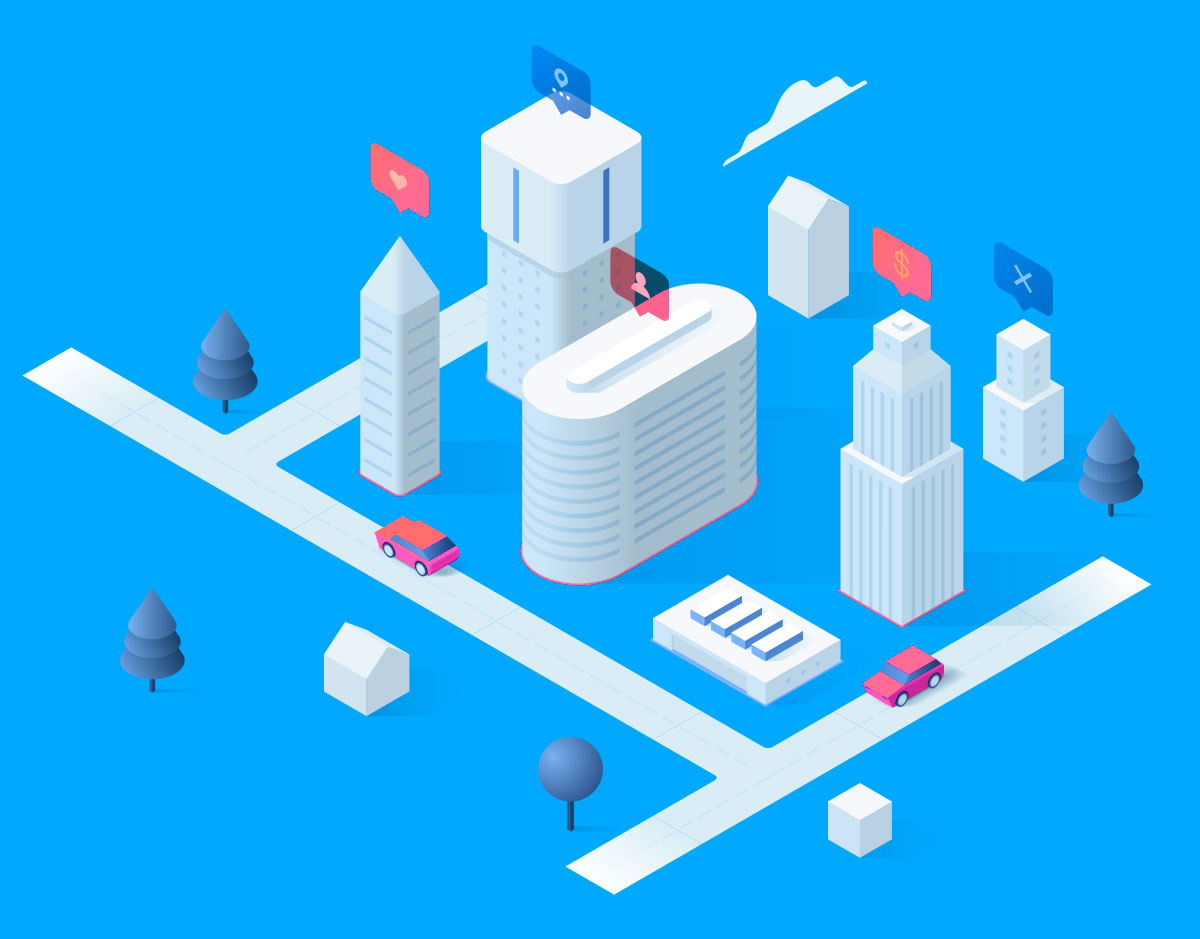 Property verification graphic depicting a city