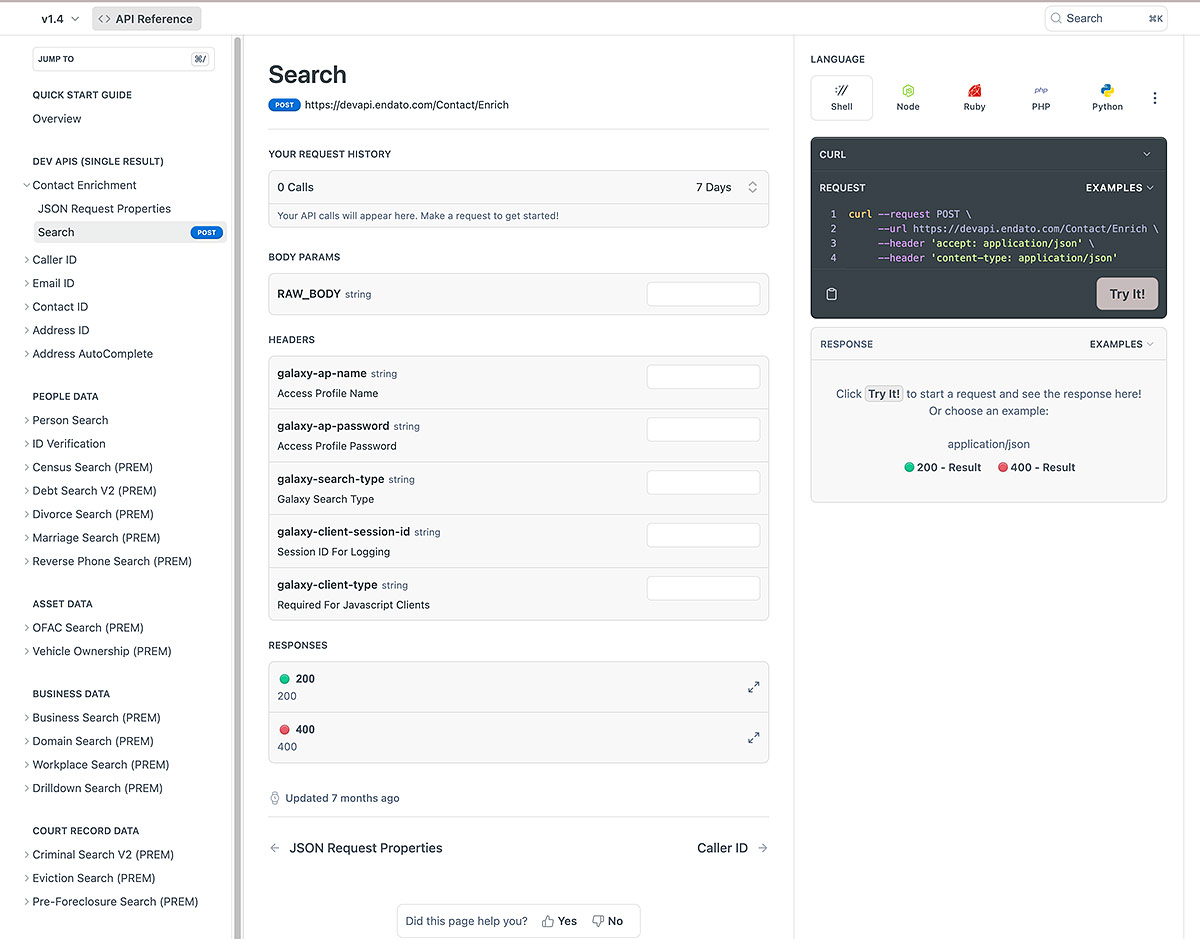endato data api documentation json requests code examples