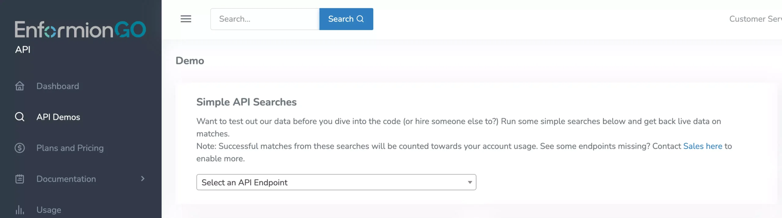 Enformiongo app demo search api endpoints example code