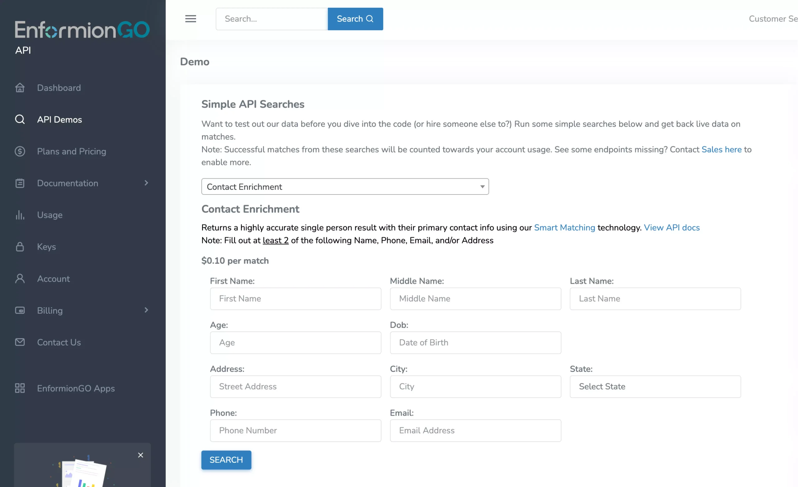 Enformiongo app demo search no code contact enrich simple fast easy