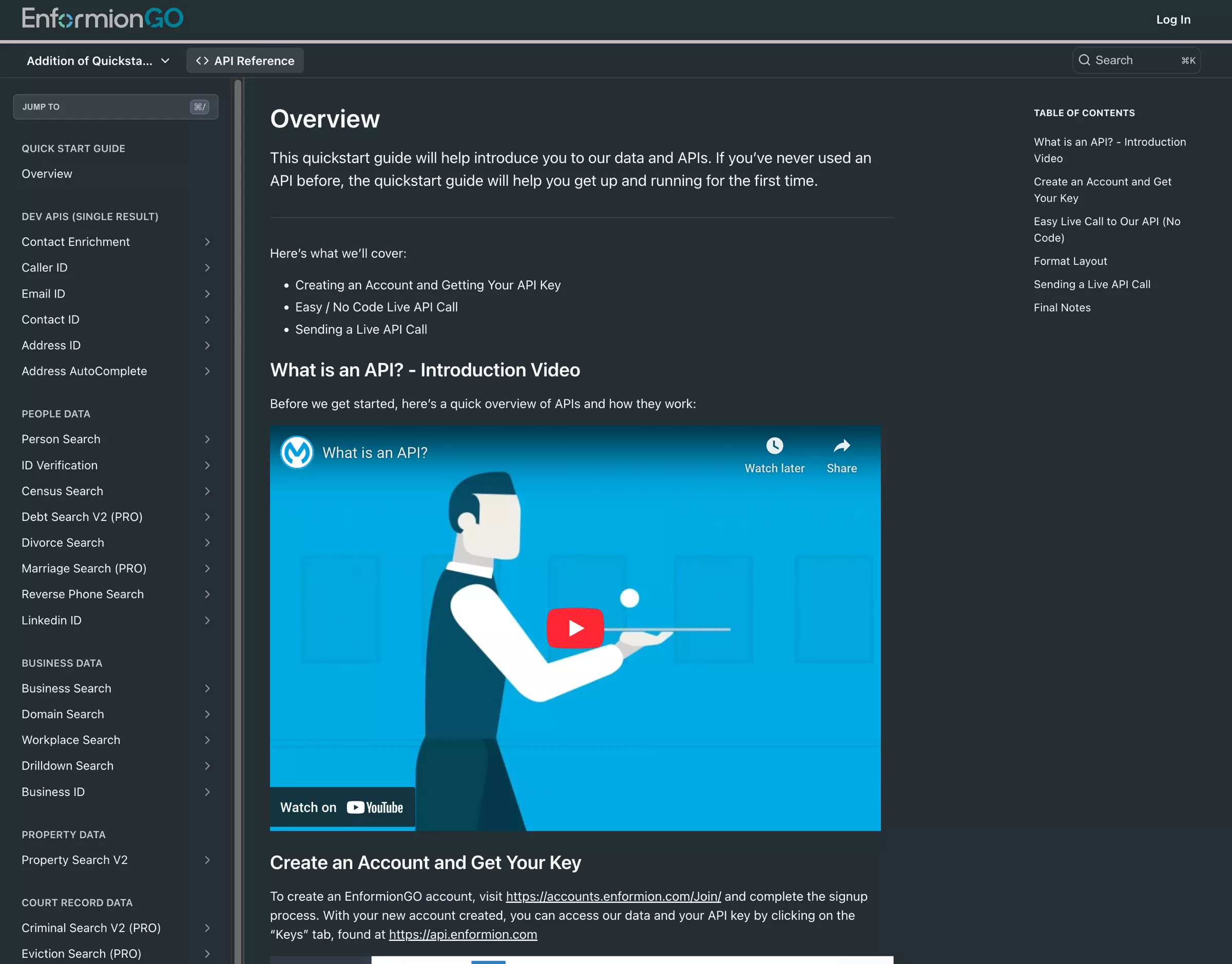 Enformiongo data api documentation json requests code examples