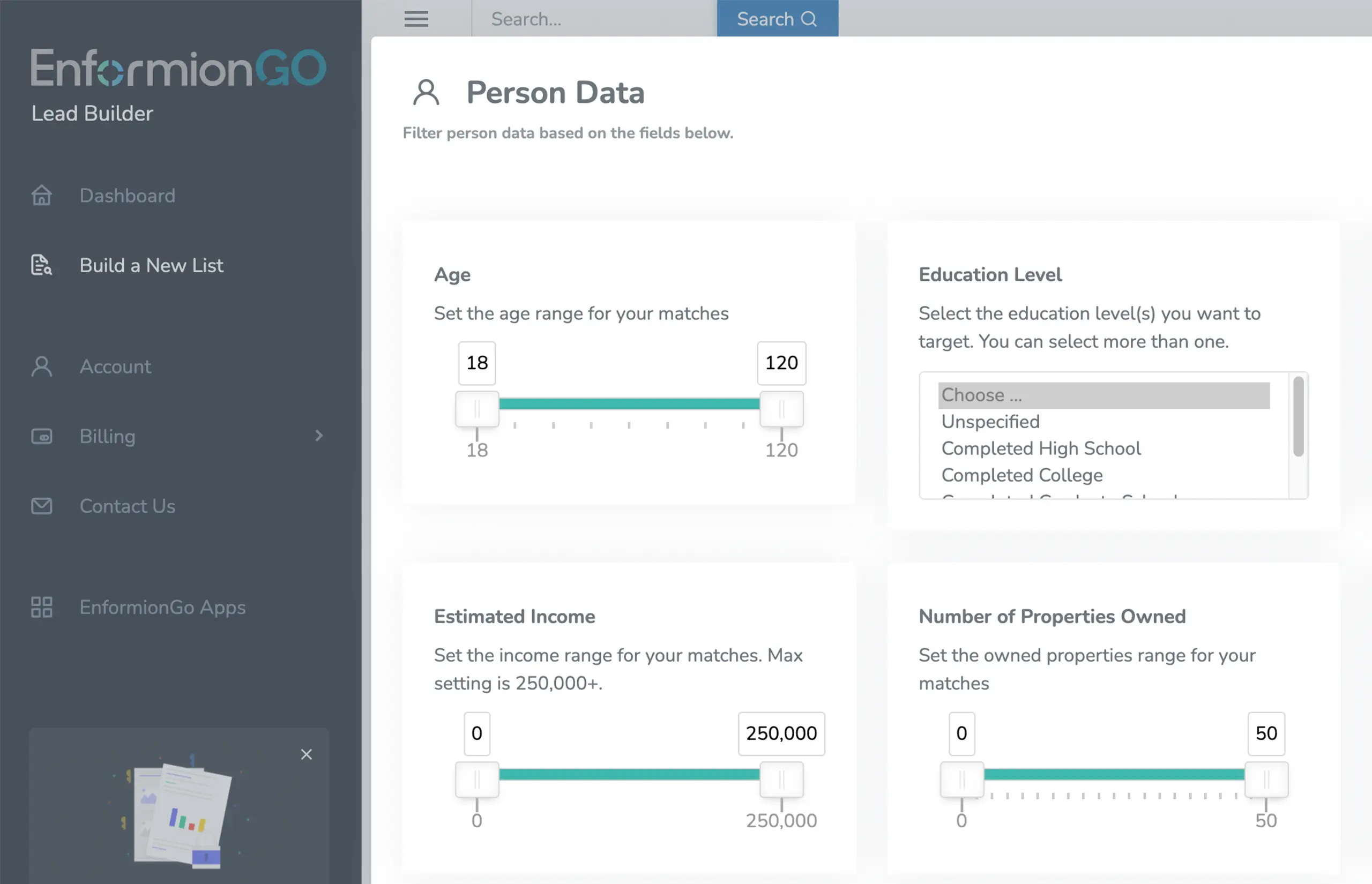 Enformiongo lead builder applicaton select people data filters