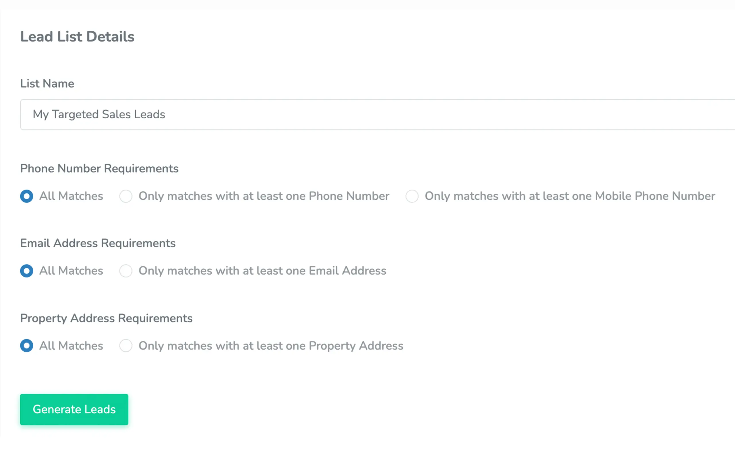 Enformiongo lead builder applicaton email phone address requirements