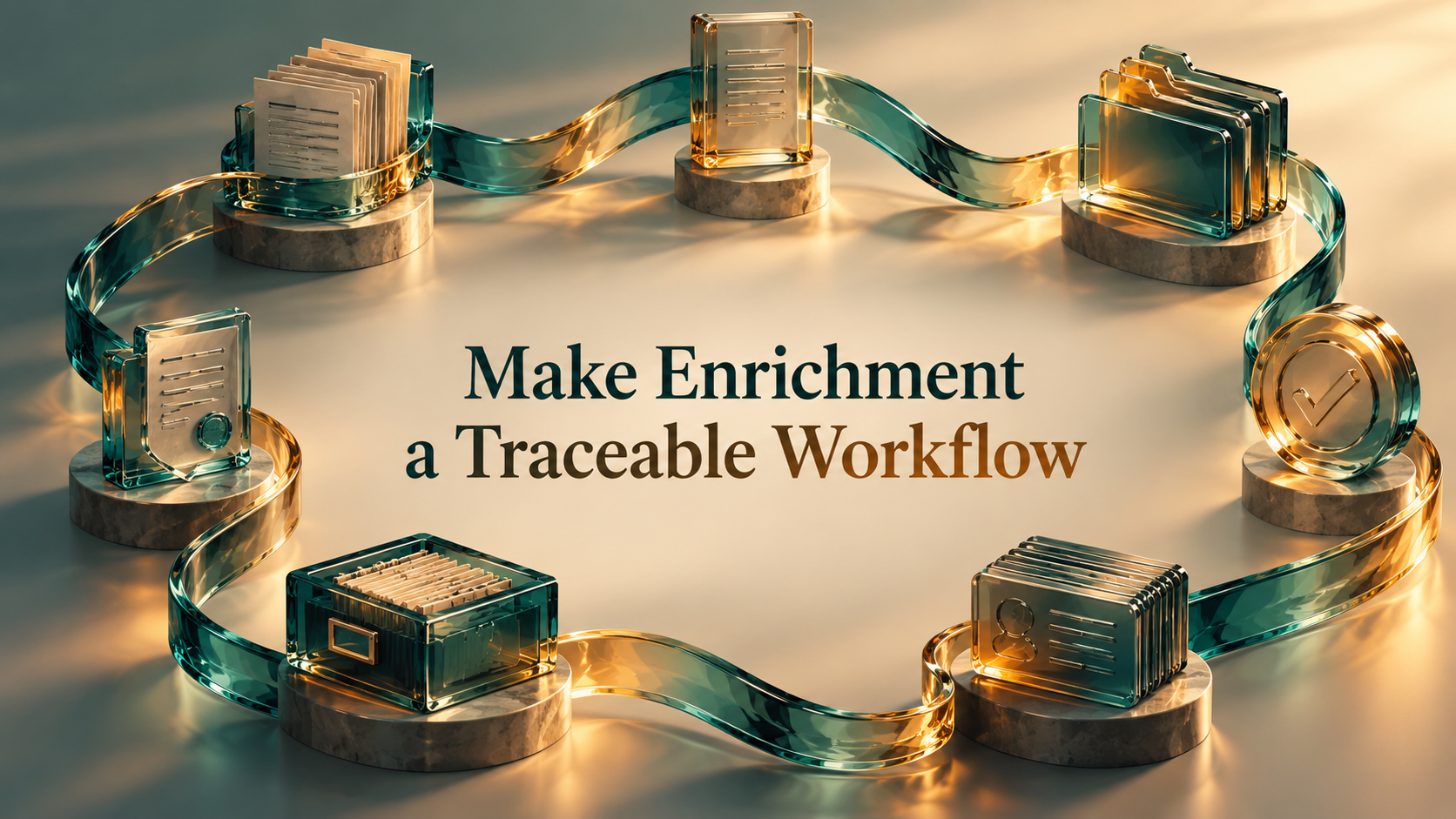 Make Enrichment a Traceable Workflow — glass records linked by a sculptural ribbon