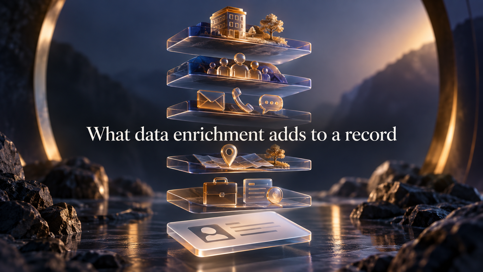 Illustration of layered business, people, location, and contact details, titled What data enrichment adds to a record