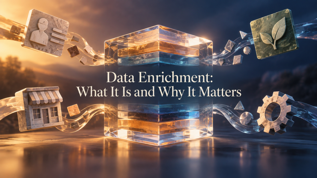 Illustration of connected person, business, and process records, titled Data Enrichment: What It Is and Why It Matters