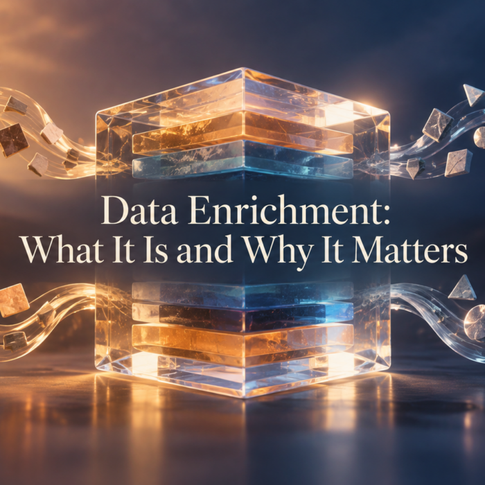 Illustration of connected person, business, and process records, titled Data Enrichment: What It Is and Why It Matters