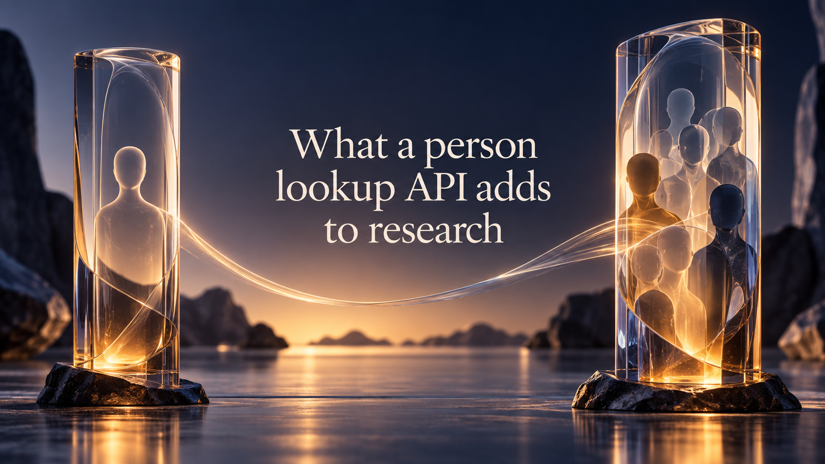 Illustration linking one person profile to a group of records, titled What a person lookup API adds to research