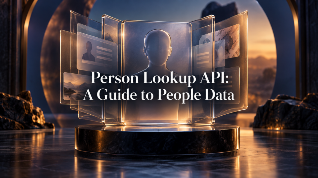 Illustration of a person profile among connected data records, with the title Person Lookup API: A Guide to People Data