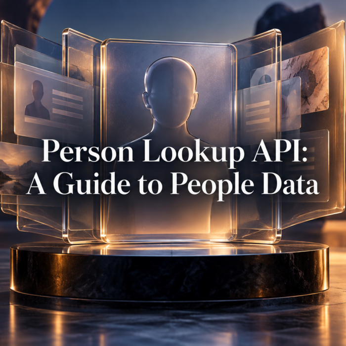 Illustration of a person profile among connected data records, with the title Person Lookup API: A Guide to People Data